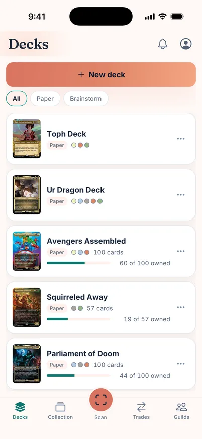 The Decks tab: five Commander decks with commander art, card counts and how many cards of each are owned.