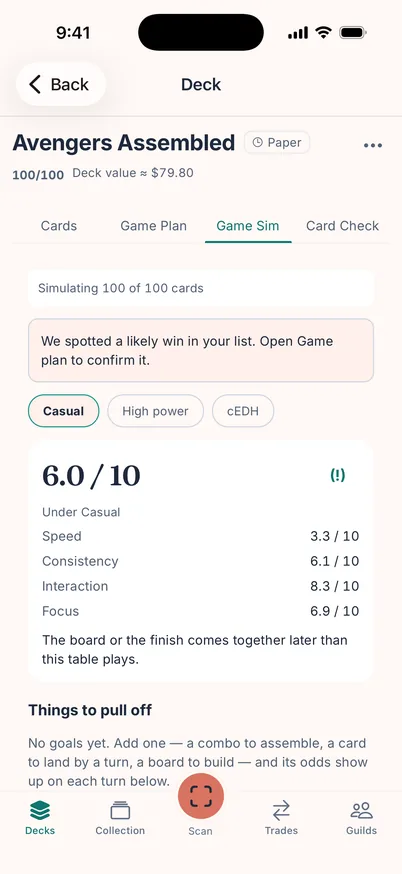 The Game Sim tab for Avengers Assembled: 6.0 out of 10 under Casual, with speed, consistency, interaction and focus scores and a one-line read.
