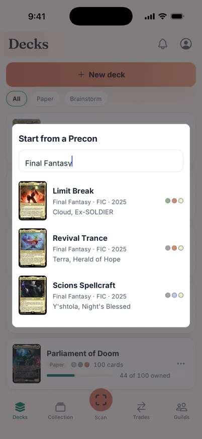 The Start from a Precon picker, searched for Final Fantasy, listing Limit Break, Revival Trance and Scions Spellcraft with their commanders.
