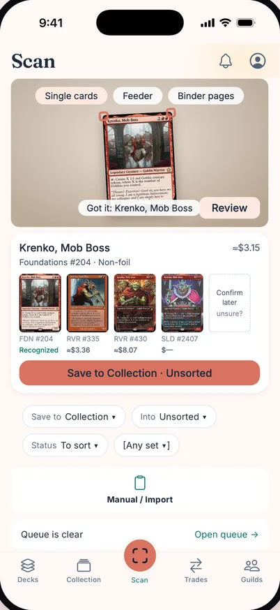 The Scan tab reading Krenko, Mob Boss: the viewfinder names the card and the tray below ranks four printings with prices before saving.