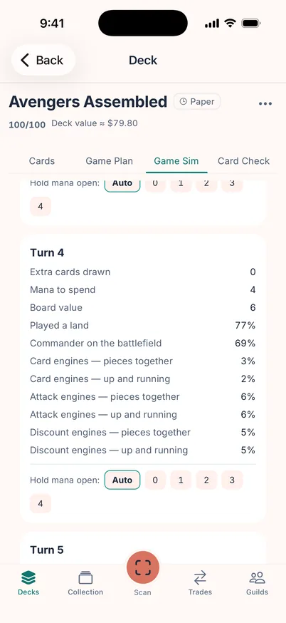 A Turn 4 card from the simulation: mana to spend, board value, played a land 77%, commander on the battlefield 69%, and engine odds.